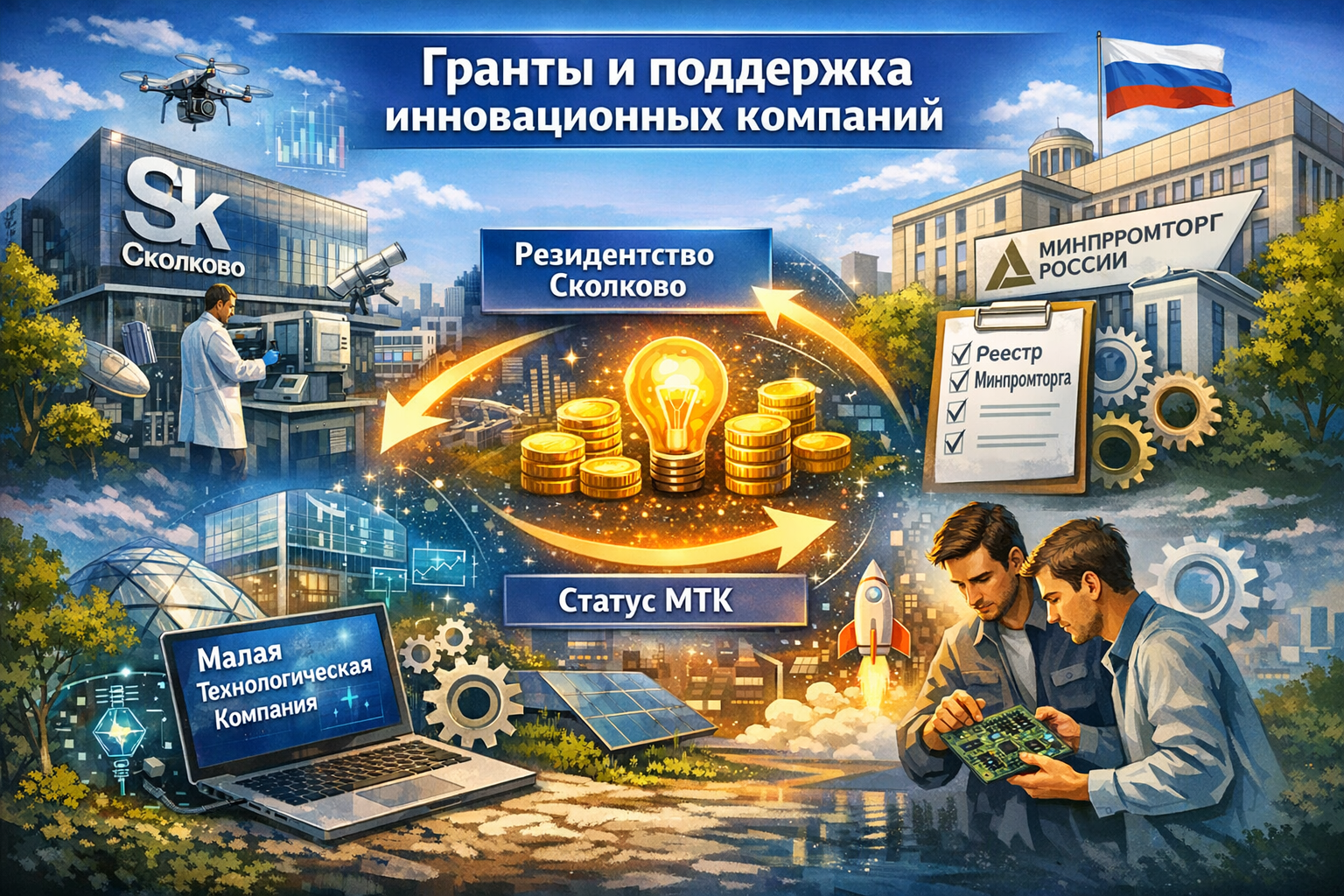 Гранты, субсидии и государственная поддержка для инновационных компаний: что дает резиденство Сколково, включение в реестр Минпромторга и статус малой технологической компании