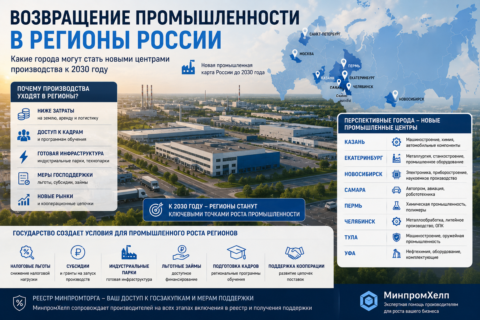 Возвращение промышленности в регионы: какие города России могут стать новыми центрами производства к 2030 году