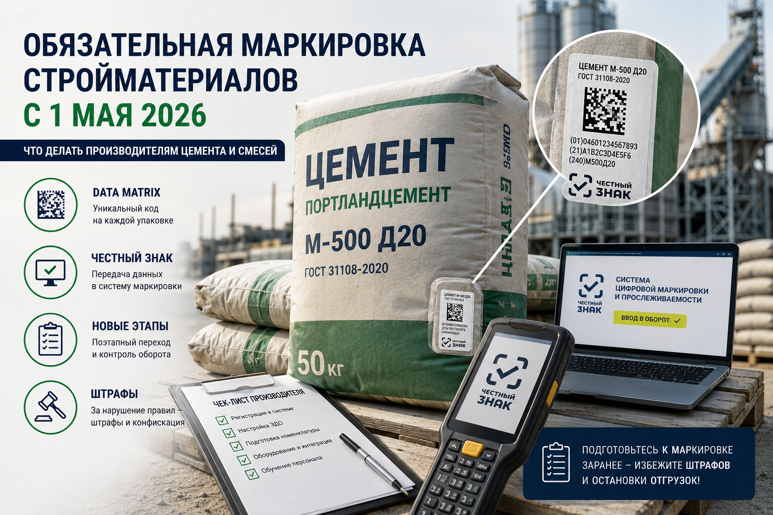 Обязательная маркировка стройматериалов с 1 мая 2026: что делать производителям цемента и смесей