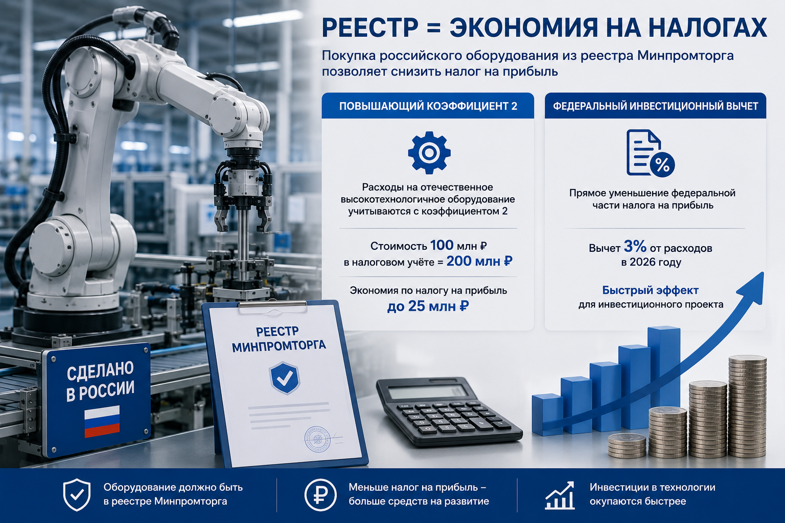 Федеральный инвестиционный вычет на роботов и российское оборудование: как реестровая запись экономит налог на прибыль